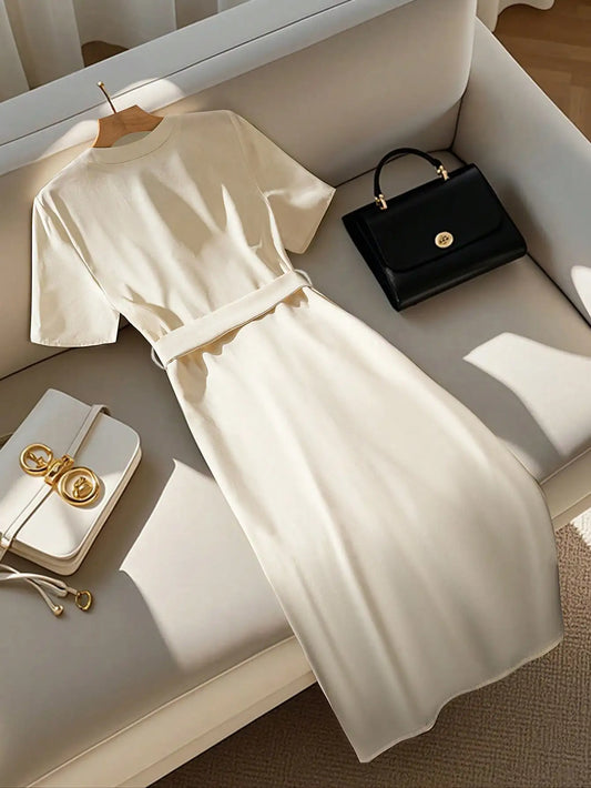 Elegant Beige Belted Midi Dress
