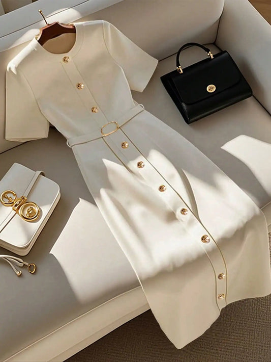 Elegant Beige Belted Midi Dress